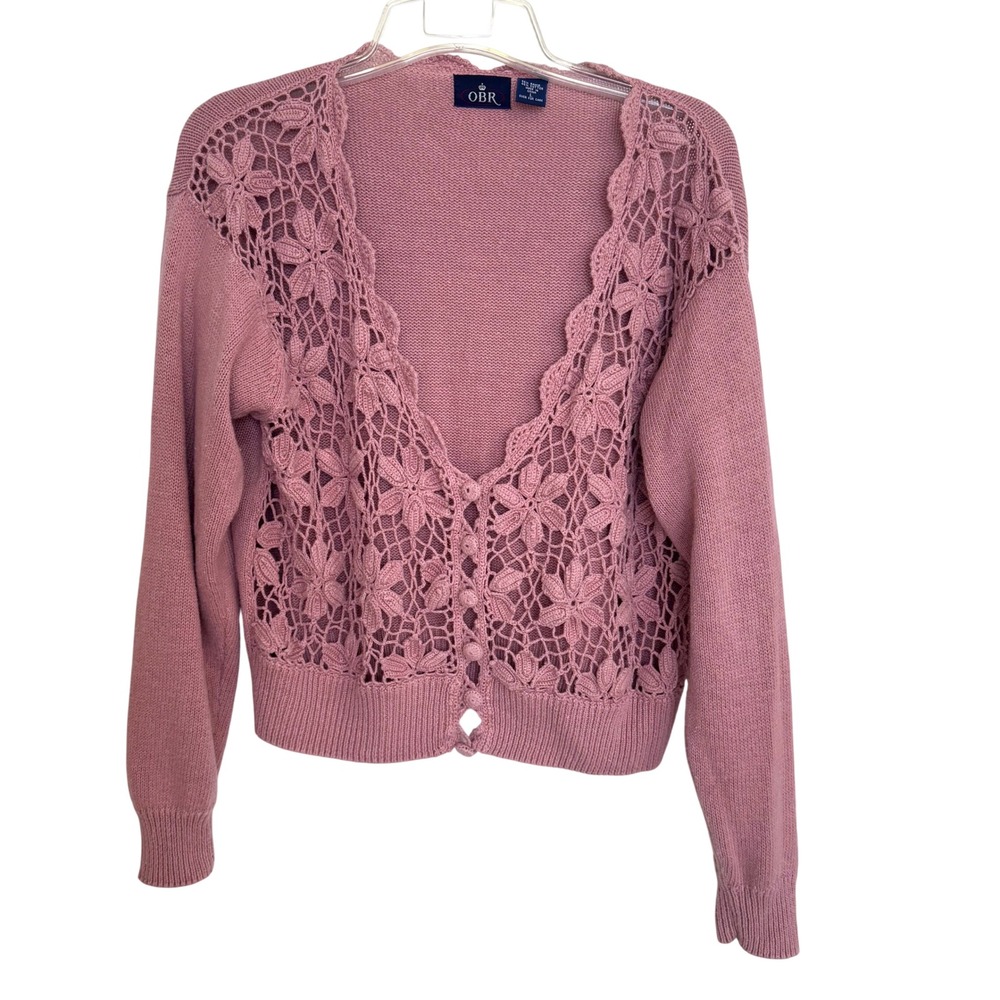 OBR Cardigan Crochet Floral Lace Ramie Cotton Pink L Cottagecore Vintage